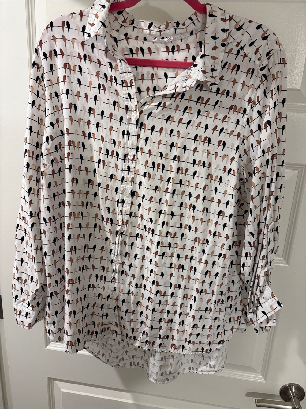 Jane and Delancey White Button-Down Shirt with Black and Tan Bird Print